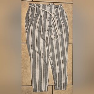 JOLT Zip Up Casual Pants Beachwear Black/White Striped Linen Blend W/Rope Belt